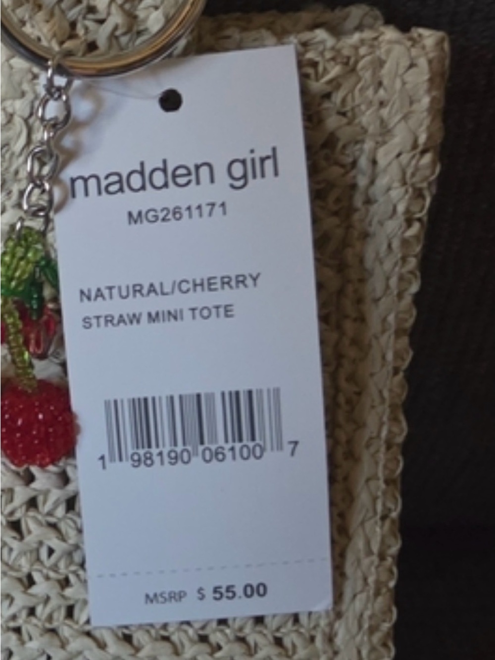 Madden Girl Natural Straw Mini Tote with Red Cherry Embroidery - Picture 5 of 7